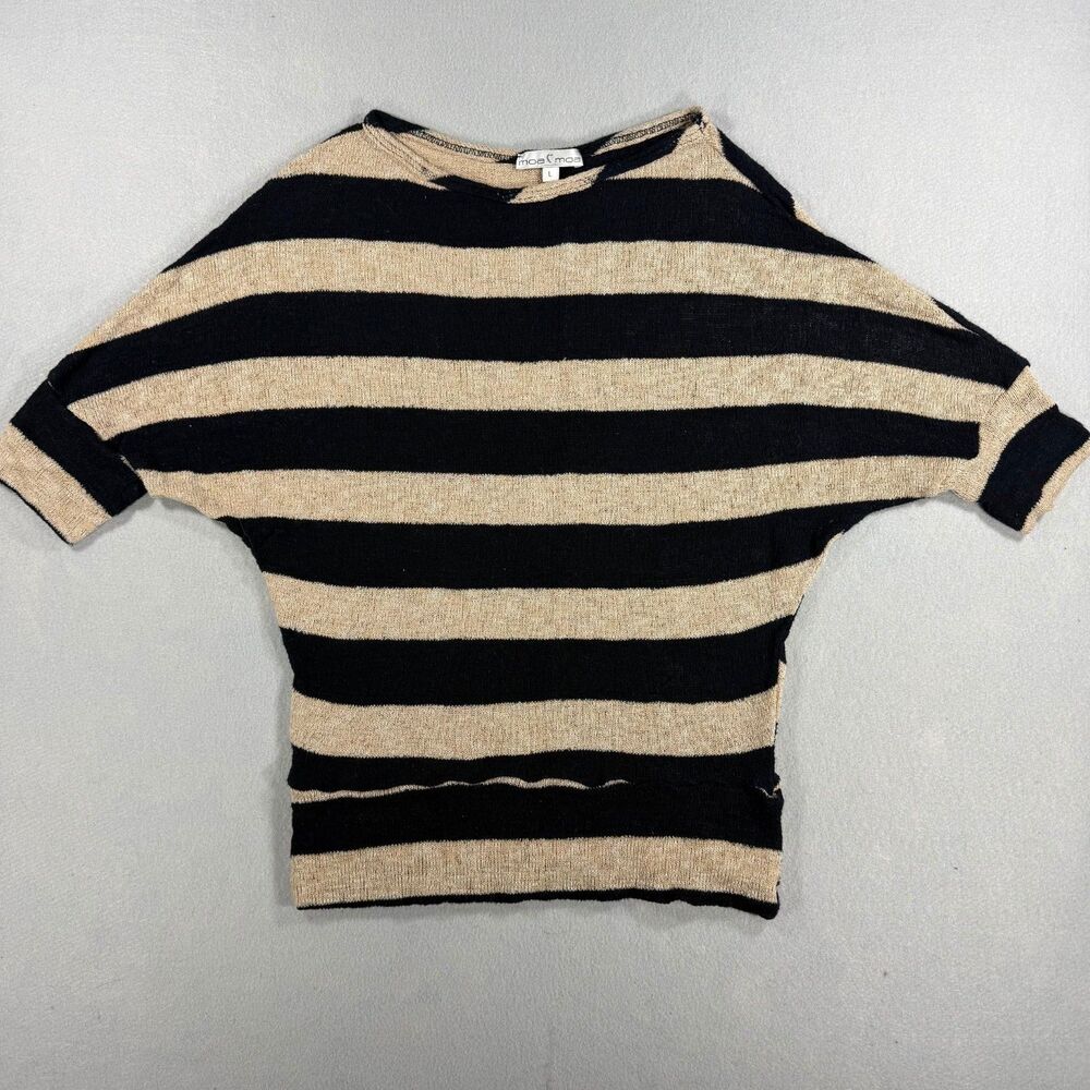 Moa Moa Striped Knit Top Womens L Black Tan Dolman Sleeve Boat Neck Pullover